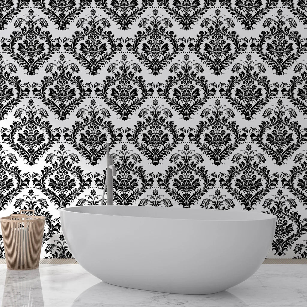 Black and white Rosette Haven damask wallpaper behind modern bathtub in elegant bathroom setting