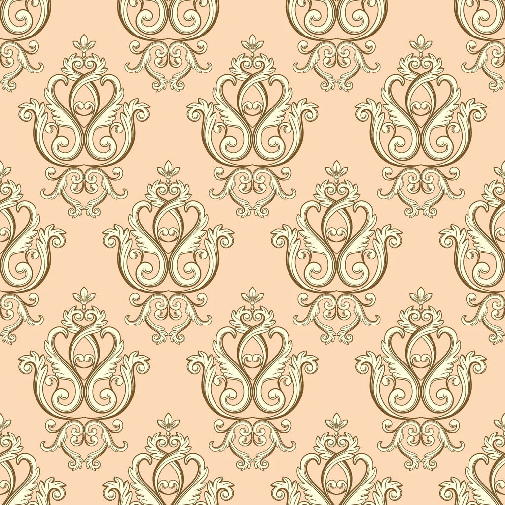 Victorian damask wallpaper in peach and gold featuring ornate scrollwork and heart motifs in Rosewater Retreat pattern