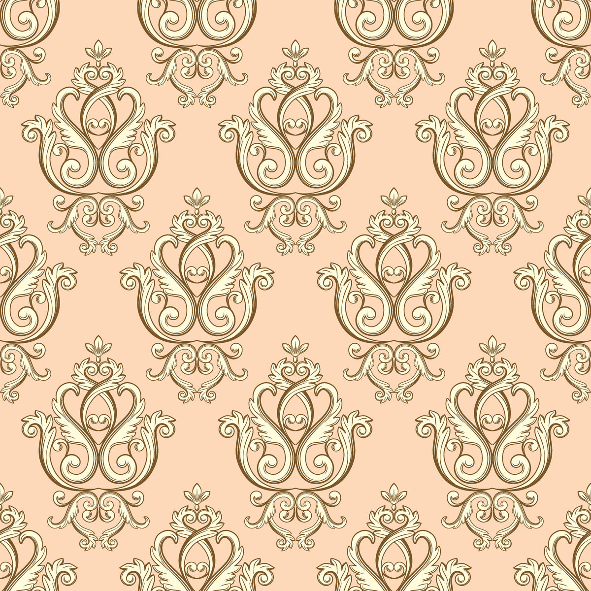 Victorian damask wallpaper in peach and gold featuring ornate scrollwork and heart motifs in Rosewater Retreat pattern