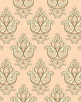Victorian damask wallpaper in peach and gold featuring ornate scrollwork and heart motifs in Rosewater Retreat pattern