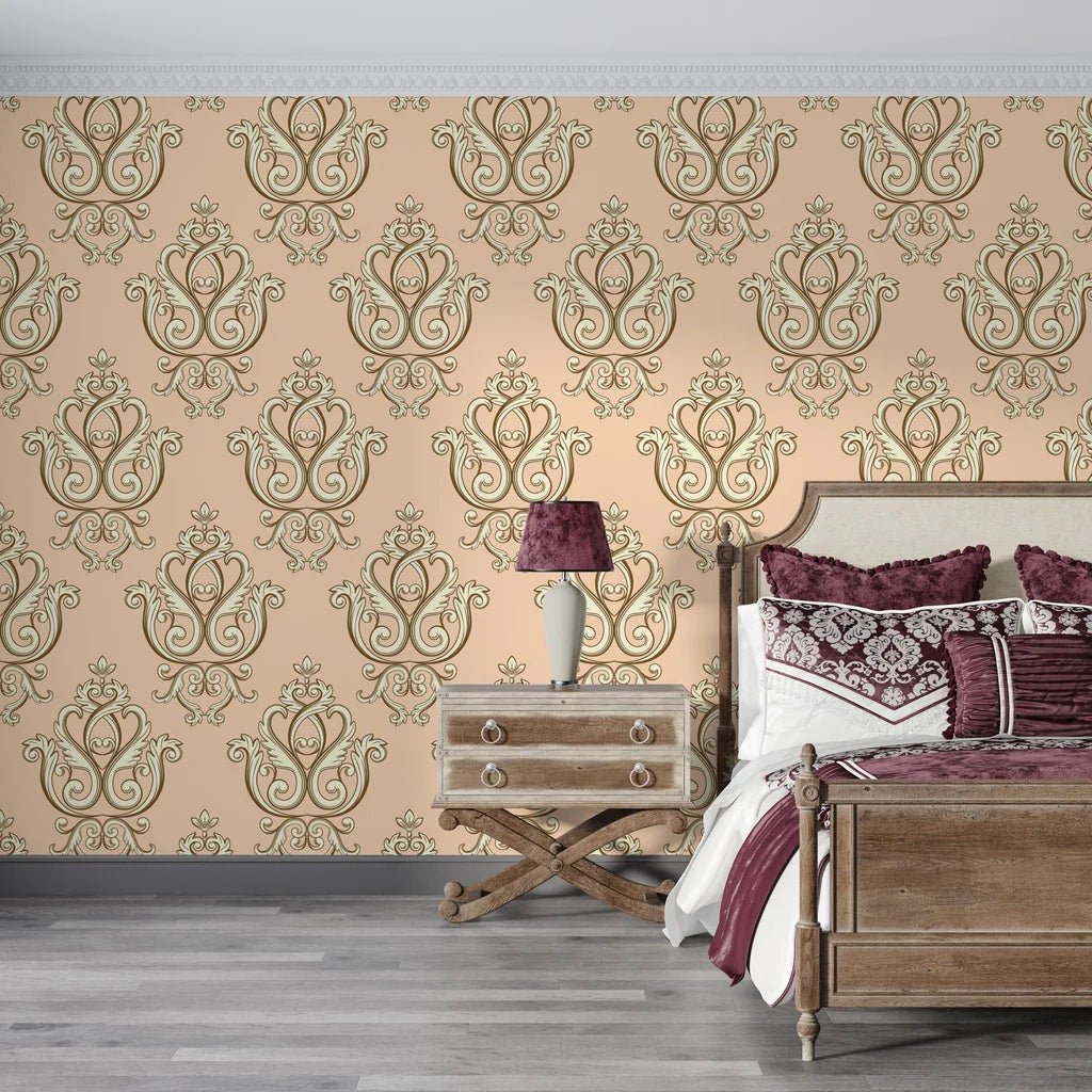 Beige and sage green damask Rosewater Retreat peel and stick wallpaper in elegant bedroom setting