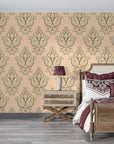 Beige and sage green damask Rosewater Retreat peel and stick wallpaper in elegant bedroom setting
