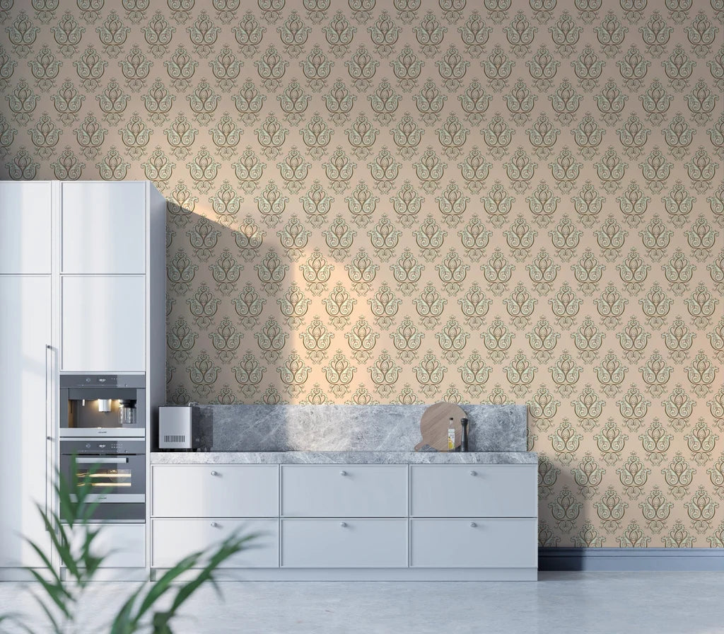 Beige and sage Rosewater Retreat damask wallpaper in modern white kitchen with marble countertops