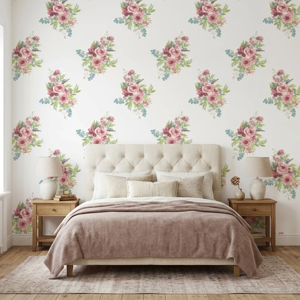 Rosy Hours pink floral bouquet wallpaper in a warm and inviting living room