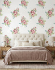 Rosy Hours pink floral bouquet wallpaper in a warm and inviting living room