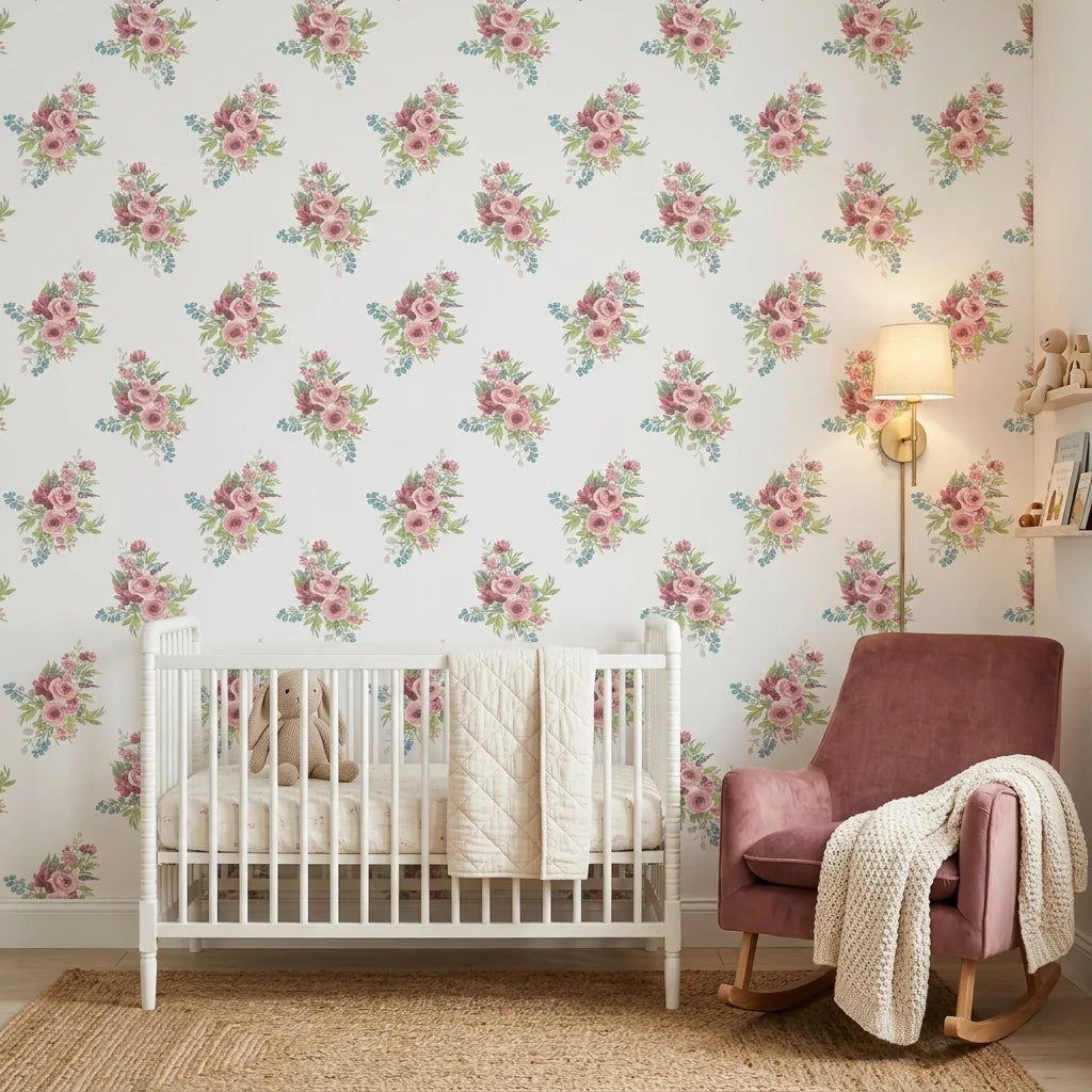 Rosy Hours pink floral bouquet wallpaper adding character to a cozy bedroom