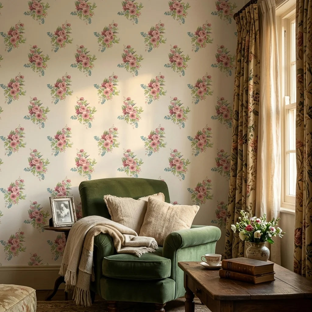 Rosy Hours pink floral bouquet wallpaper as a feature wall in a bright home office
