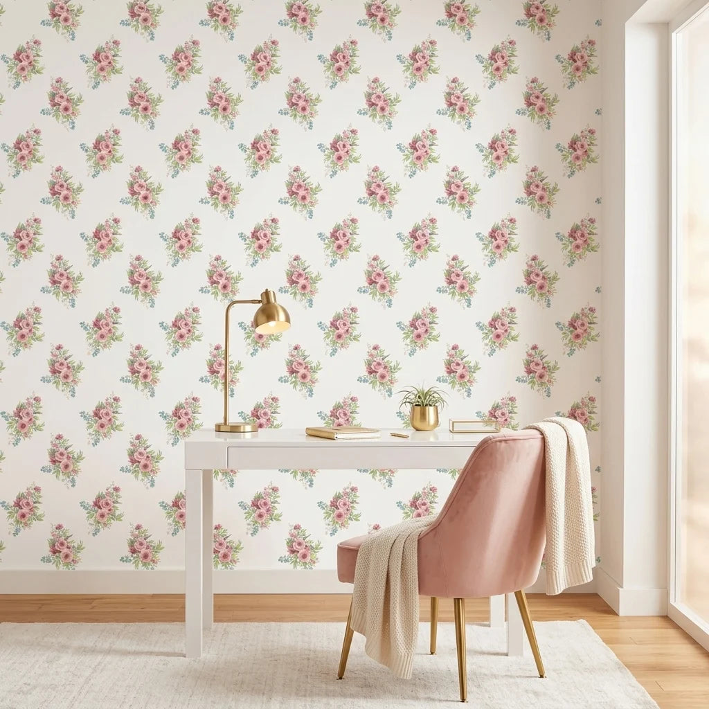 Rosy Hours pink floral bouquet wallpaper creating ambiance in a serene bathroom