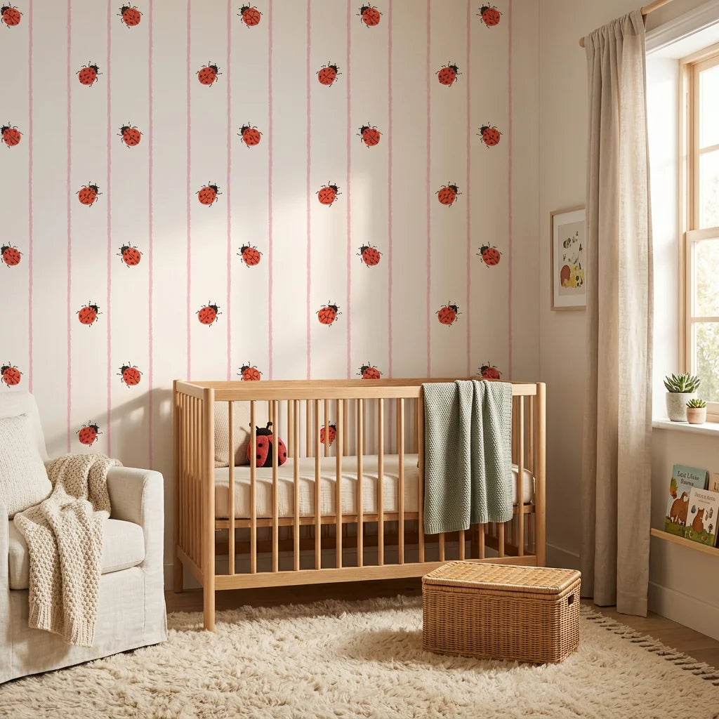 Ruby Streams ladybug stripe wallpaper in a warm and inviting living room