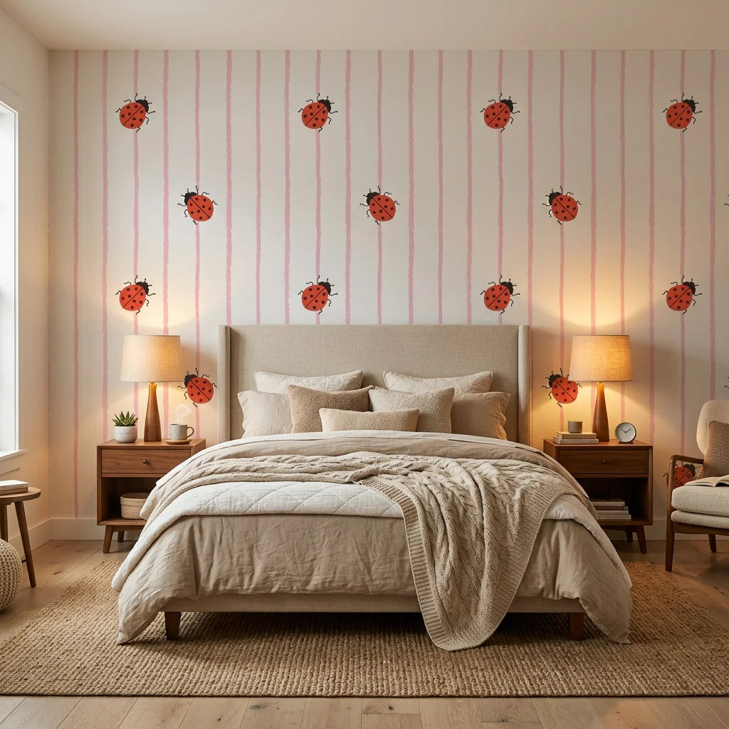 Ruby Streams ladybug stripe wallpaper adding character to a cozy bedroom