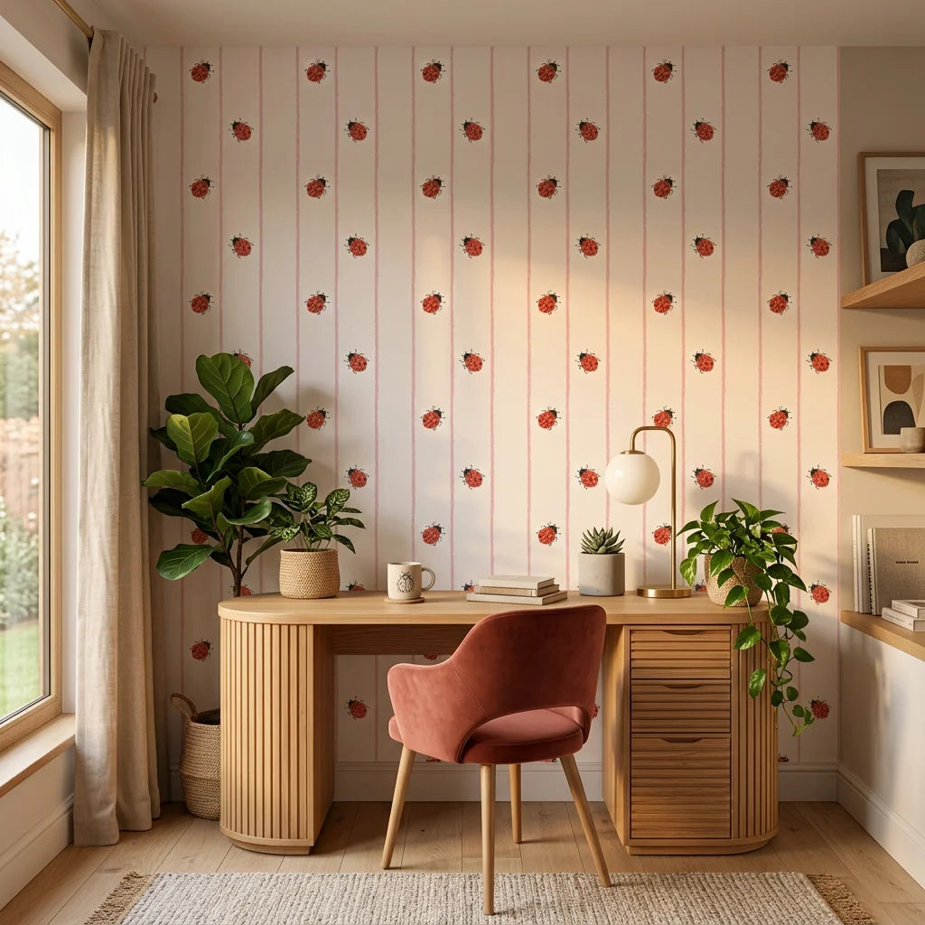 Ruby Streams ladybug stripe wallpaper as a feature wall in a bright home office