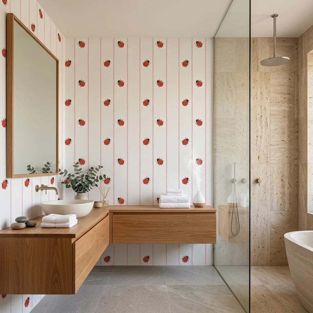 Ruby Streams ladybug stripe wallpaper creating ambiance in a serene bathroom