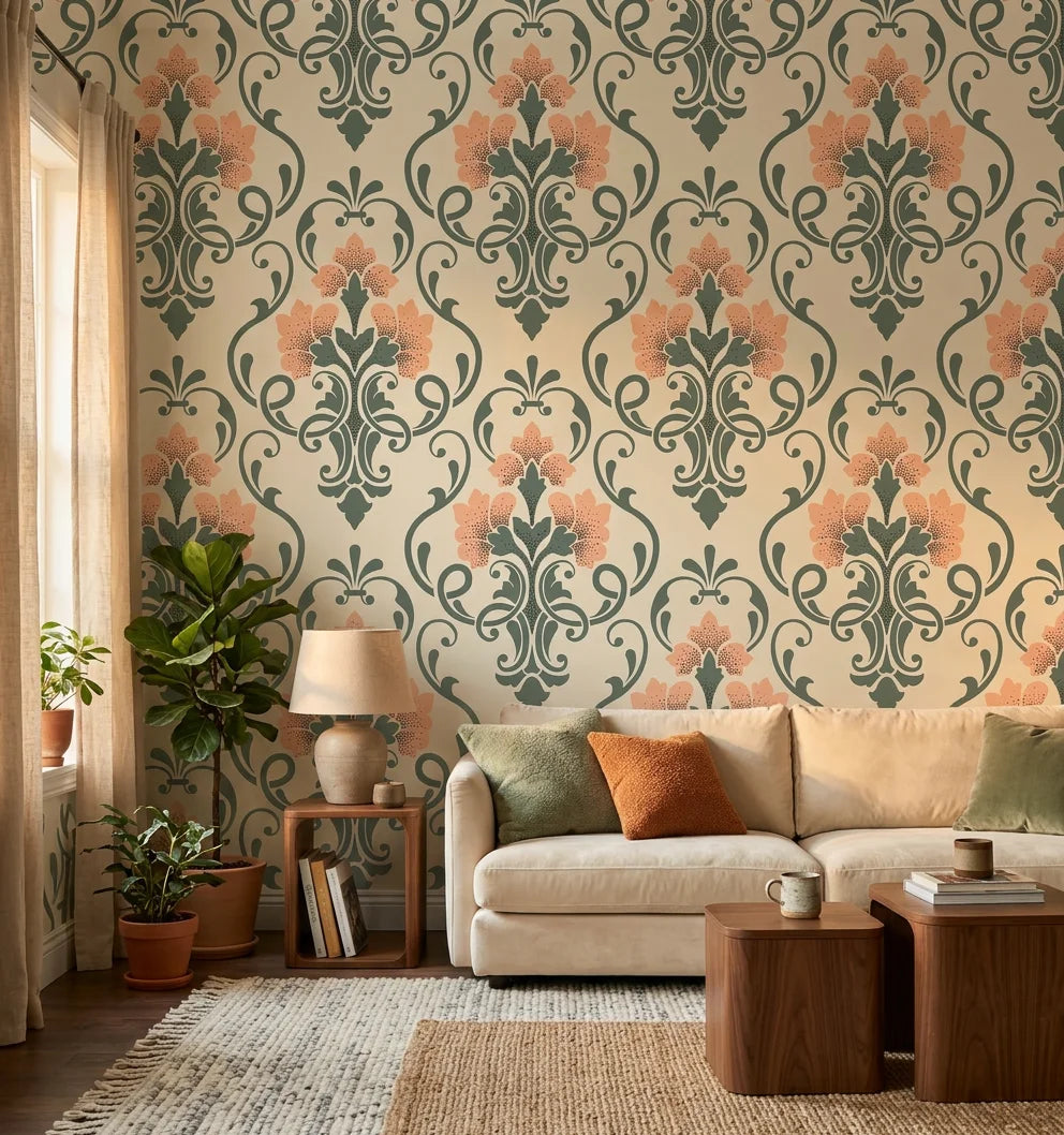 Russet Petal Web sage green and coral damask wallpaper in a warm and inviting living room