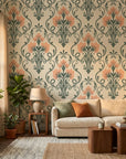 Russet Petal Web sage green and coral damask wallpaper in a warm and inviting living room