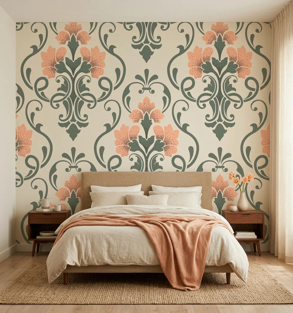 Russet Petal Web sage green and coral damask wallpaper adding character to a cozy bedroom