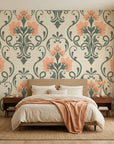 Russet Petal Web sage green and coral damask wallpaper adding character to a cozy bedroom