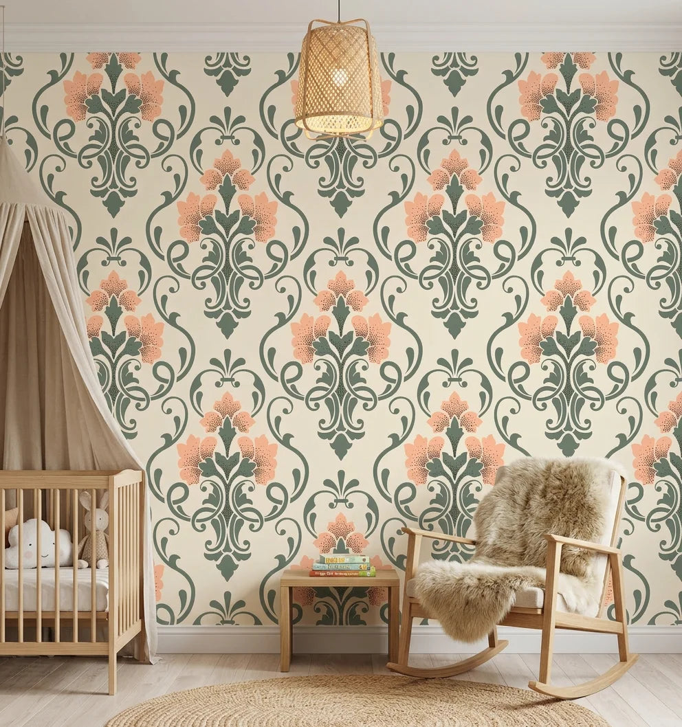 Russet Petal Web sage green and coral damask wallpaper as a feature wall in a bright home office