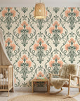 Russet Petal Web sage green and coral damask wallpaper as a feature wall in a bright home office