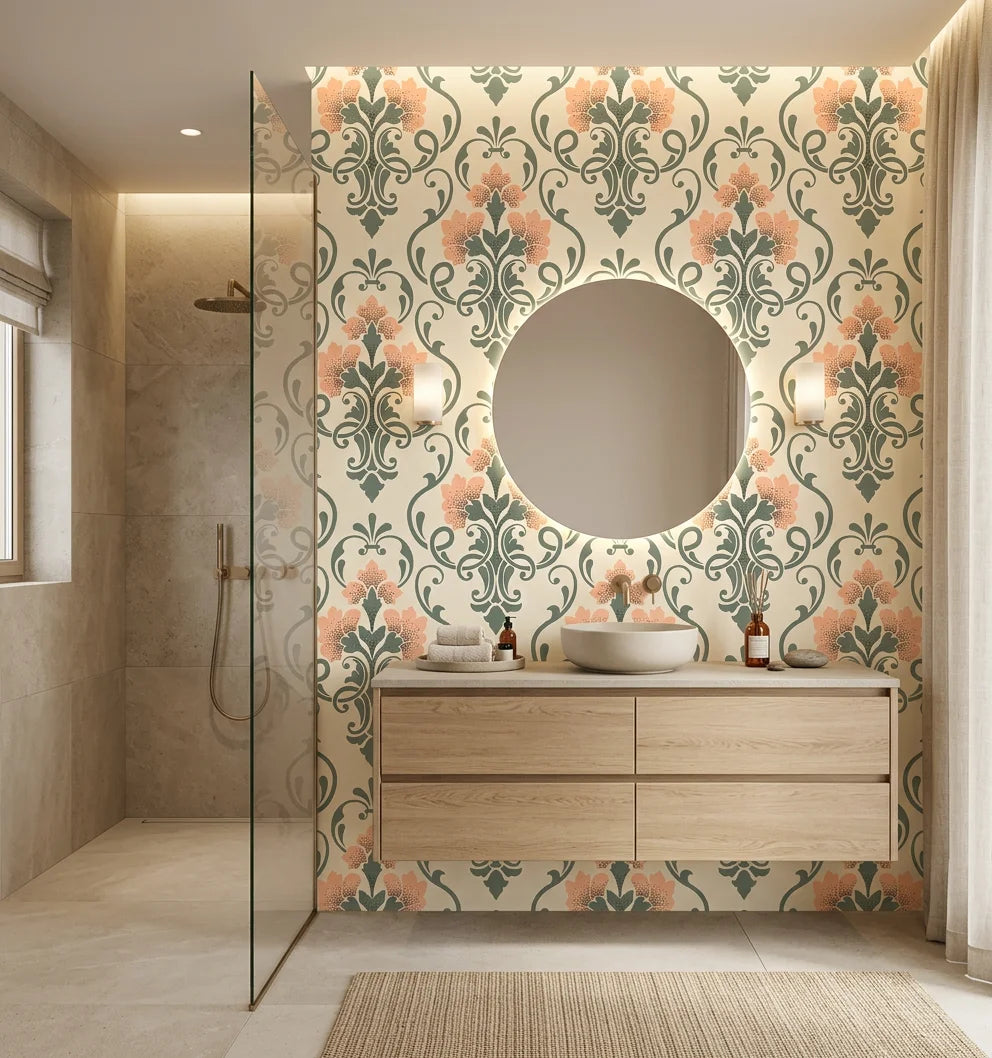 Russet Petal Web sage green and coral damask wallpaper creating ambiance in a serene bathroom
