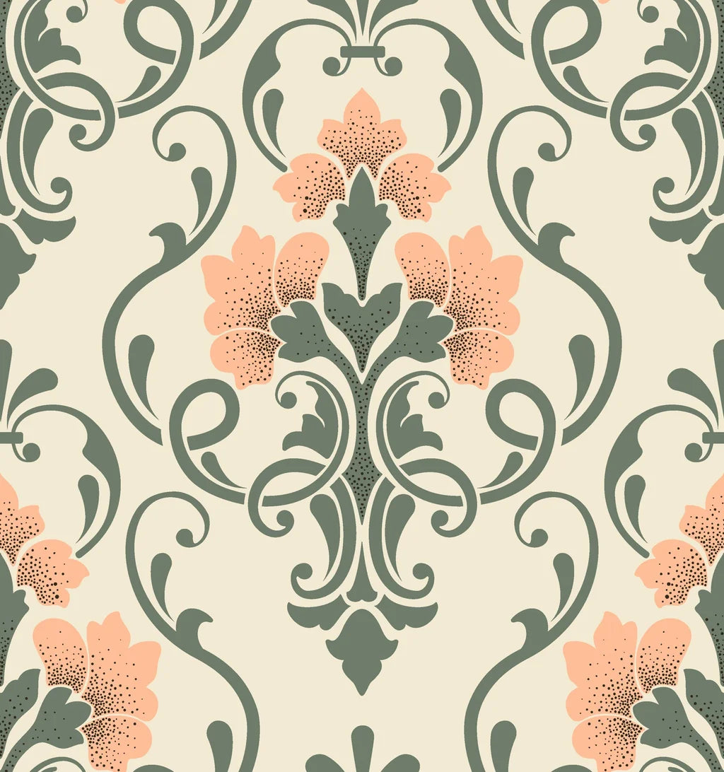 Victorian Russet Petal Web wallpaper with coral flowers and sage green damask scrollwork on cream background