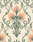 Victorian Russet Petal Web wallpaper with coral flowers and sage green damask scrollwork on cream background