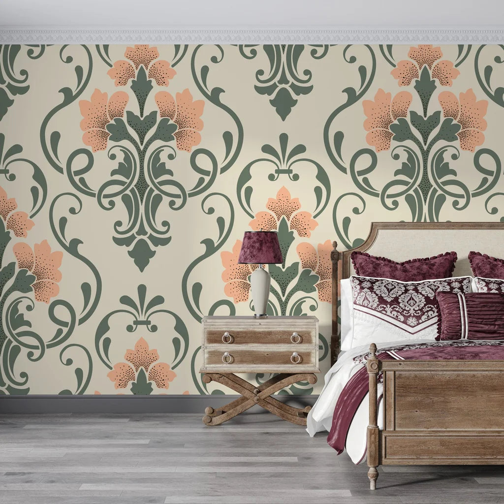 Coral and sage damask Russet Petal Web removable wallpaper in elegant bedroom setting