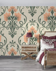 Coral and sage damask Russet Petal Web removable wallpaper in elegant bedroom setting