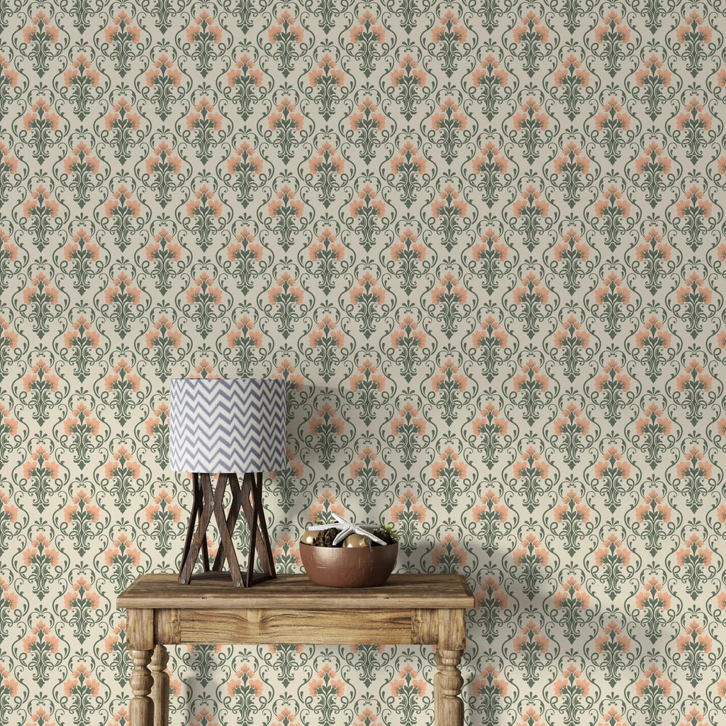 Sage green and coral Russet Petal Web damask wallpaper with vintage floral scrollwork on cream background