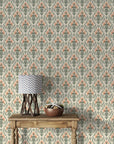 Sage green and coral Russet Petal Web damask wallpaper with vintage floral scrollwork on cream background