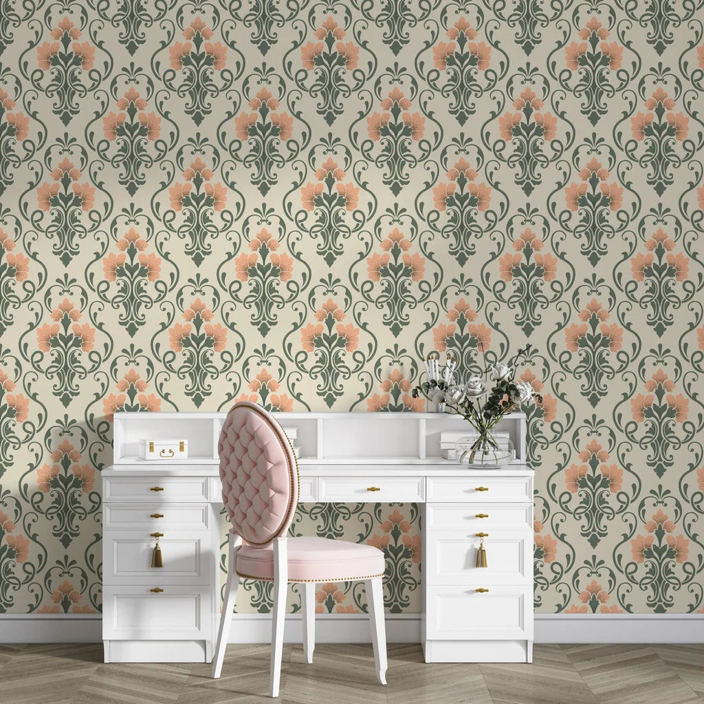 Russet Petal Web wallpaper with coral flowers and sage damask pattern on elegant home office wall