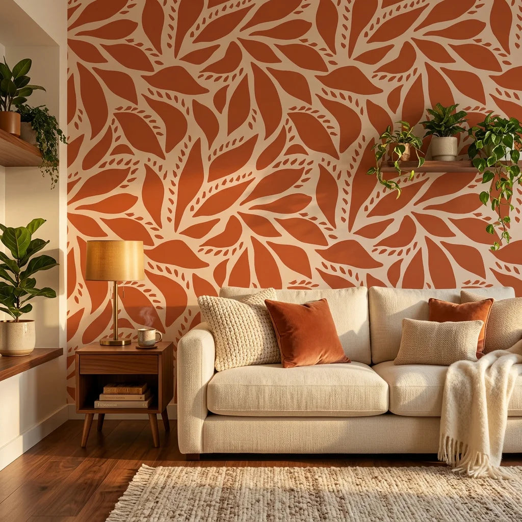 Rust Echoes bold leaf wallpaper in a warm and inviting living room