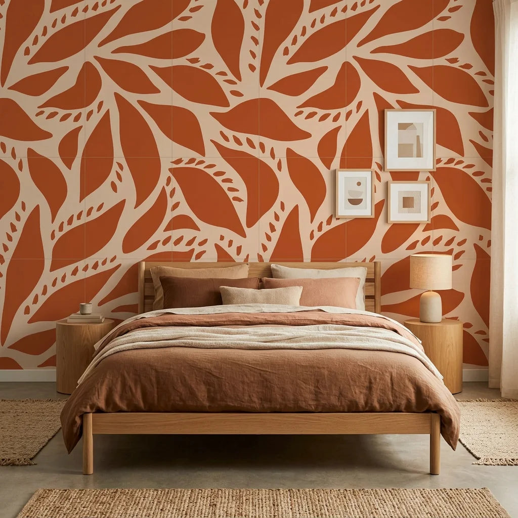 Rust Echoes bold leaf wallpaper adding character to a cozy bedroom