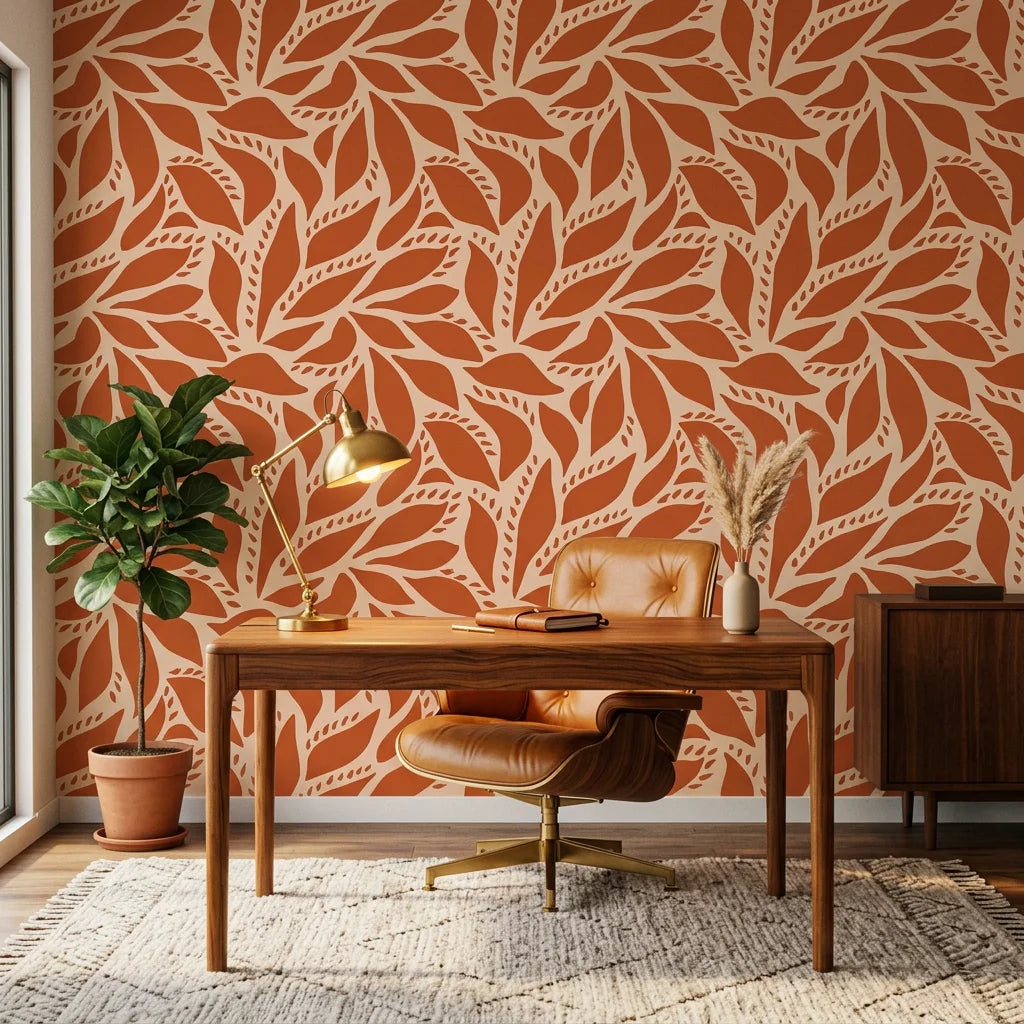 Rust Echoes bold leaf wallpaper as a feature wall in a bright home office