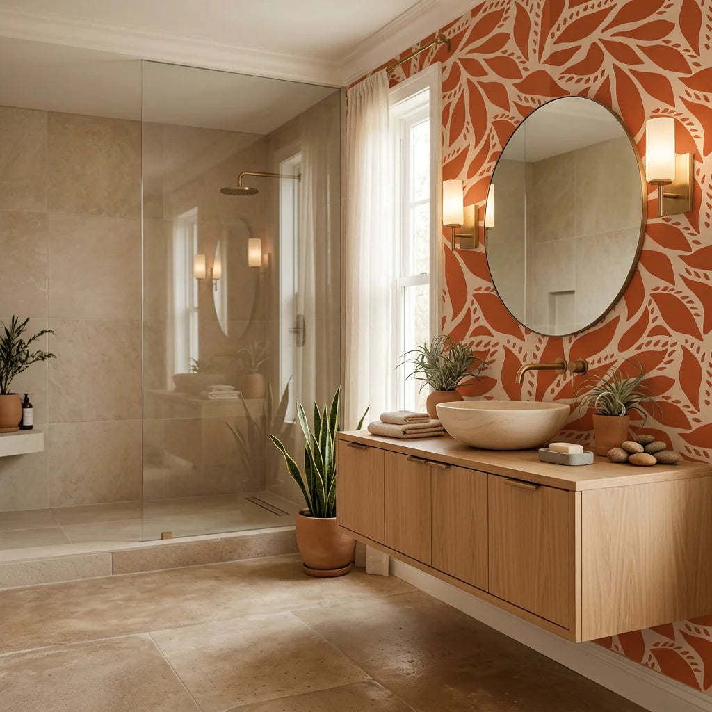 Rust Echoes bold leaf wallpaper creating ambiance in a serene bathroom