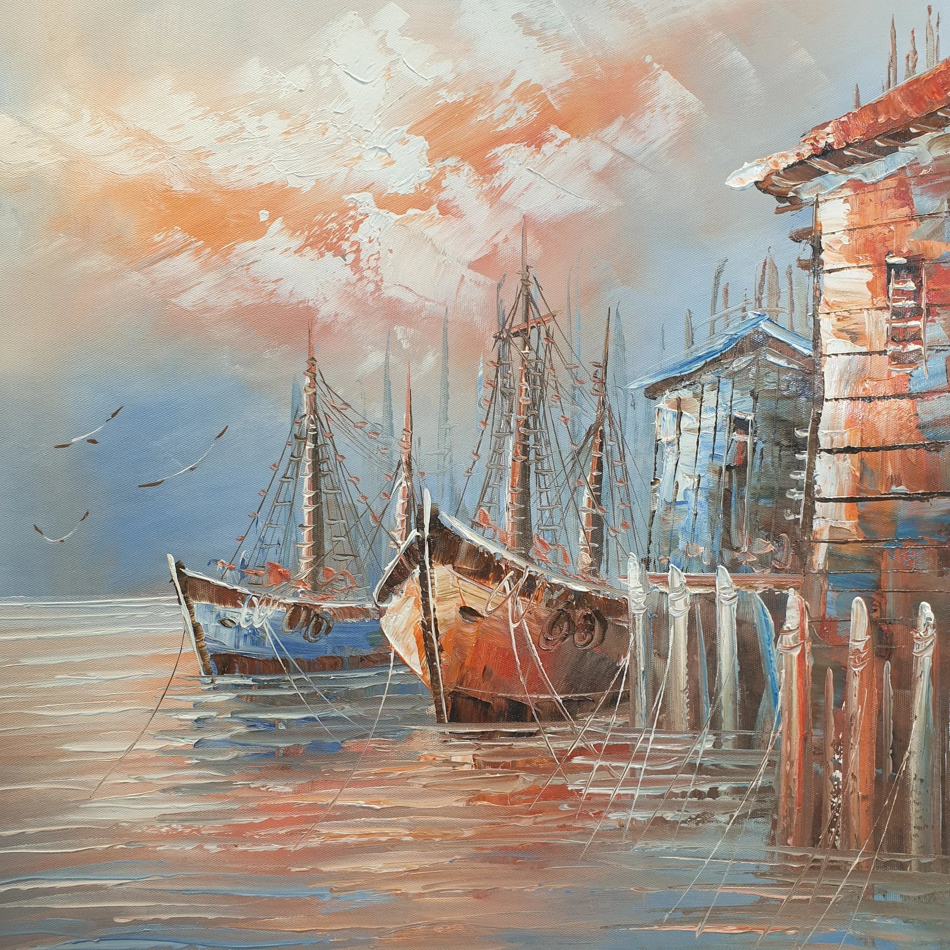 Rust & Salt warm coastal harbor fishing boats wallpaper creating ambiance in a serene bathroom