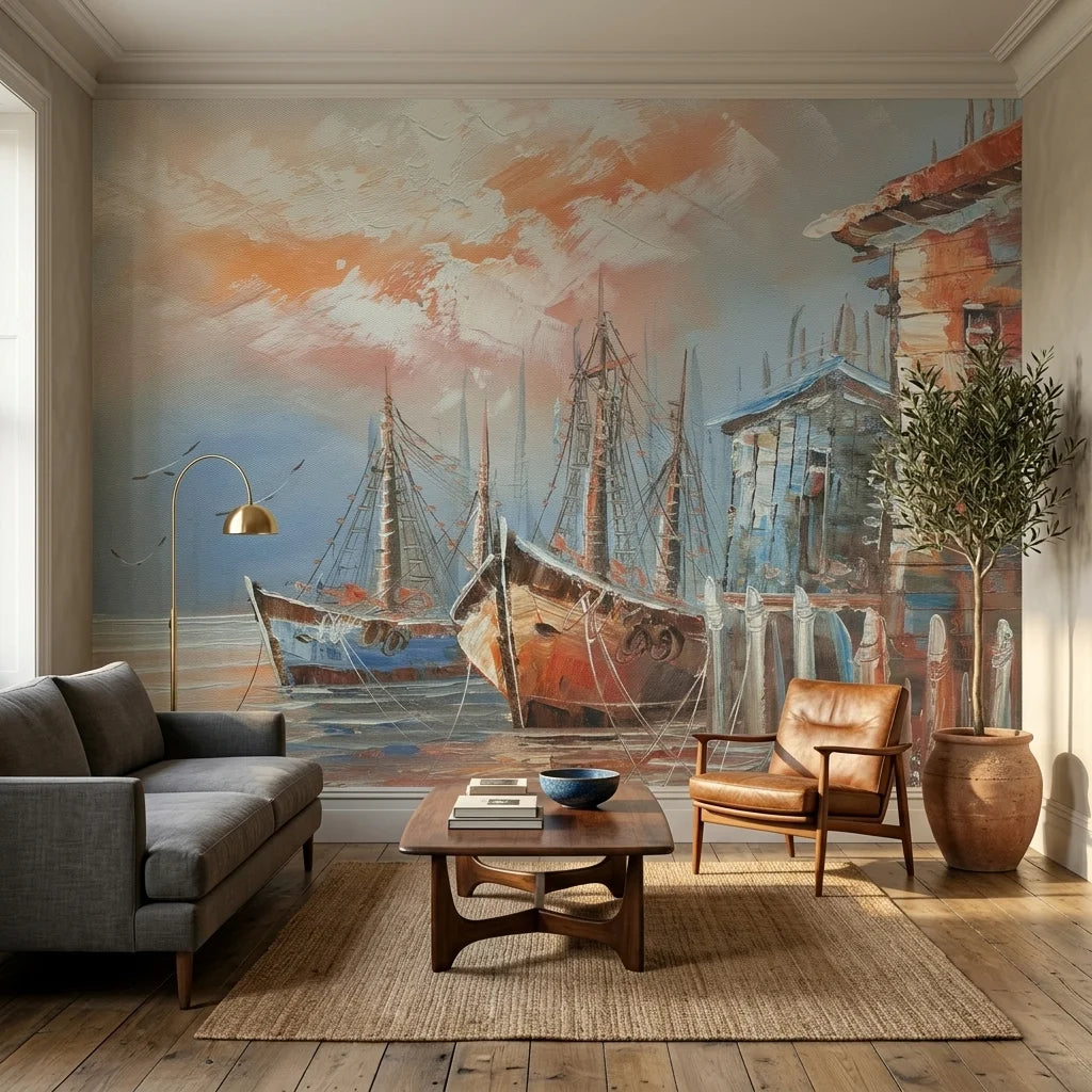 Canvas-like warm coastal harbor with fishing boats painted peel and stick wallpaper - Rust & Salt