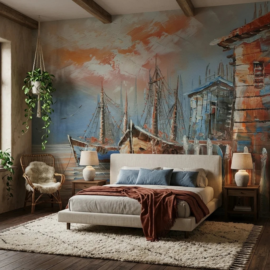 Rust & Salt warm coastal harbor fishing boats wallpaper in a warm and inviting living room