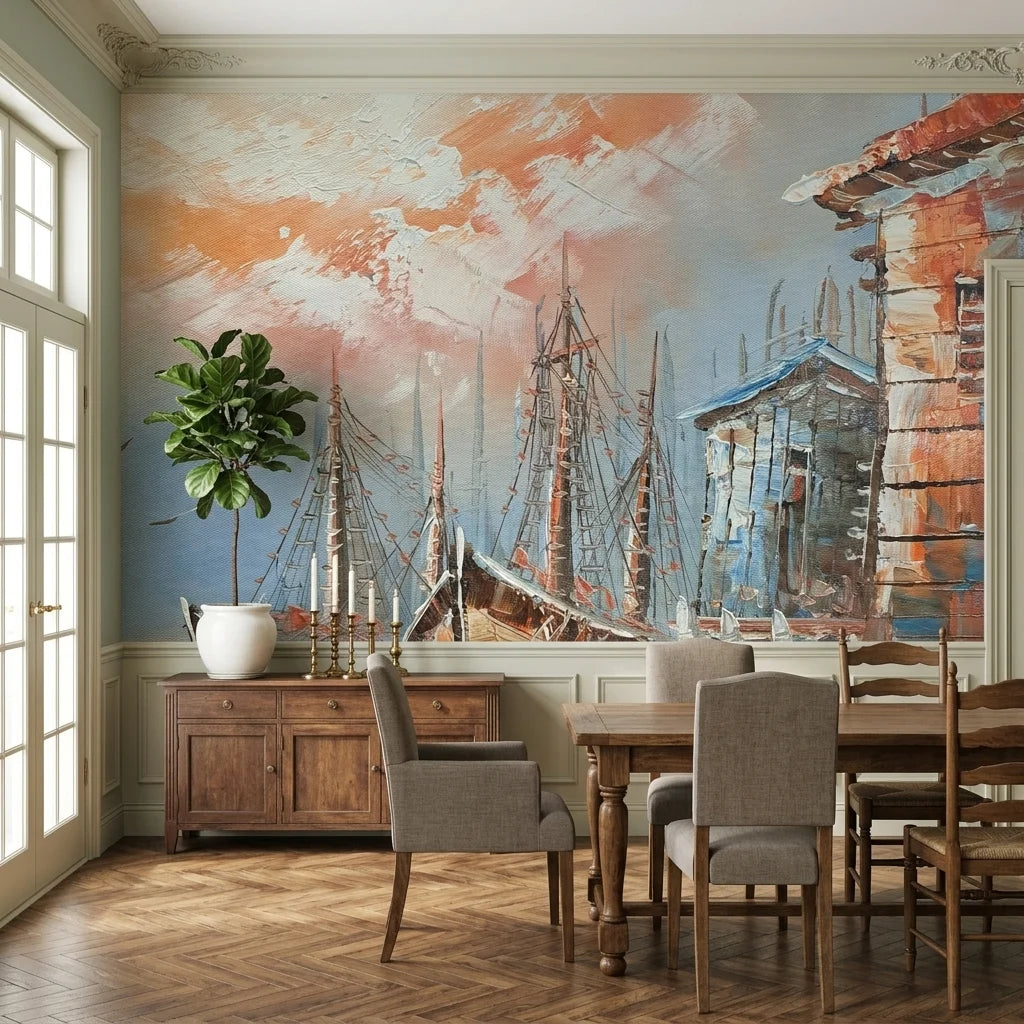 Rust & Salt warm coastal harbor fishing boats wallpaper adding character to a cozy bedroom