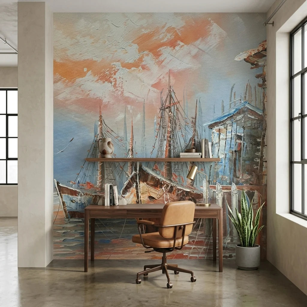 Rust & Salt warm coastal harbor fishing boats wallpaper as a feature wall in a bright home office
