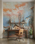Rust & Salt warm coastal harbor fishing boats wallpaper as a feature wall in a bright home office