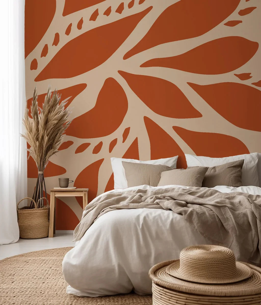 Stylized leaf pattern peel and stick wall covering in earthy terracotta and light beige tones (Rust Echoes collection)