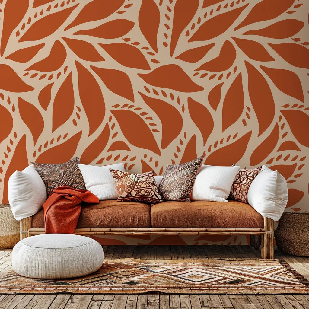 Self-adhesive wall covering featuring an abstract botanical motif in earthy terracotta and beige tones