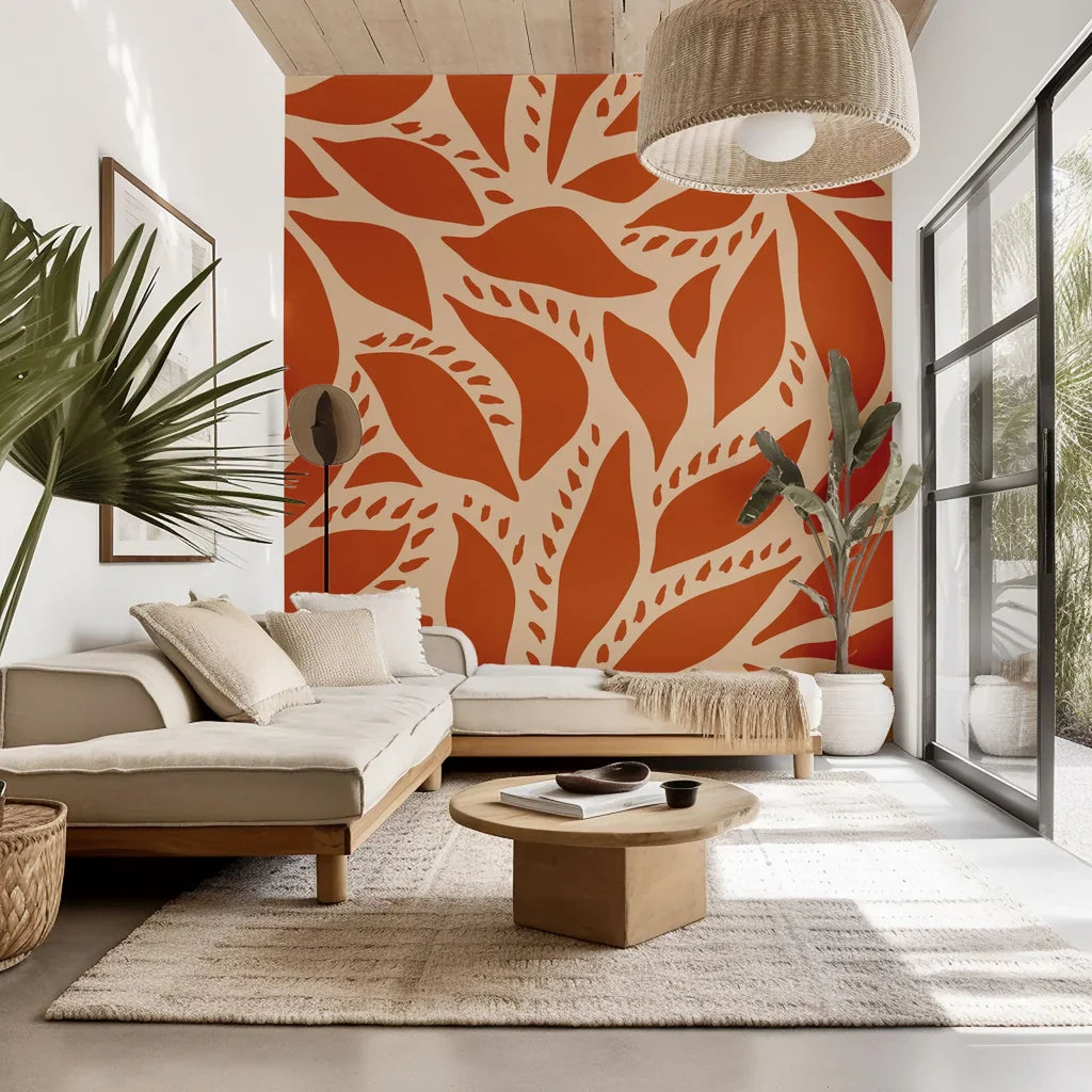 Self-adhesive wall covering featuring an abstract, organic leaf motif in terracotta and beige shades (Rust Echoes)