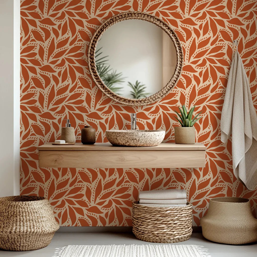 Self-adhesive wallpaper featuring an abstract organic leaf motif in terracotta and beige tones, style Rust Echoes