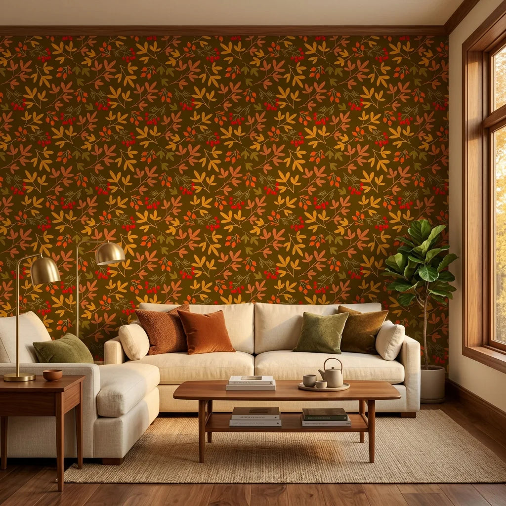 Rustic Joy winter berry wallpaper in a warm and inviting living room