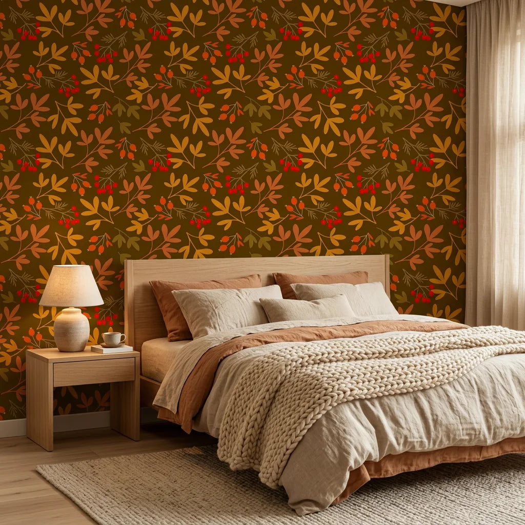 Rustic Joy winter berry wallpaper adding character to a cozy bedroom