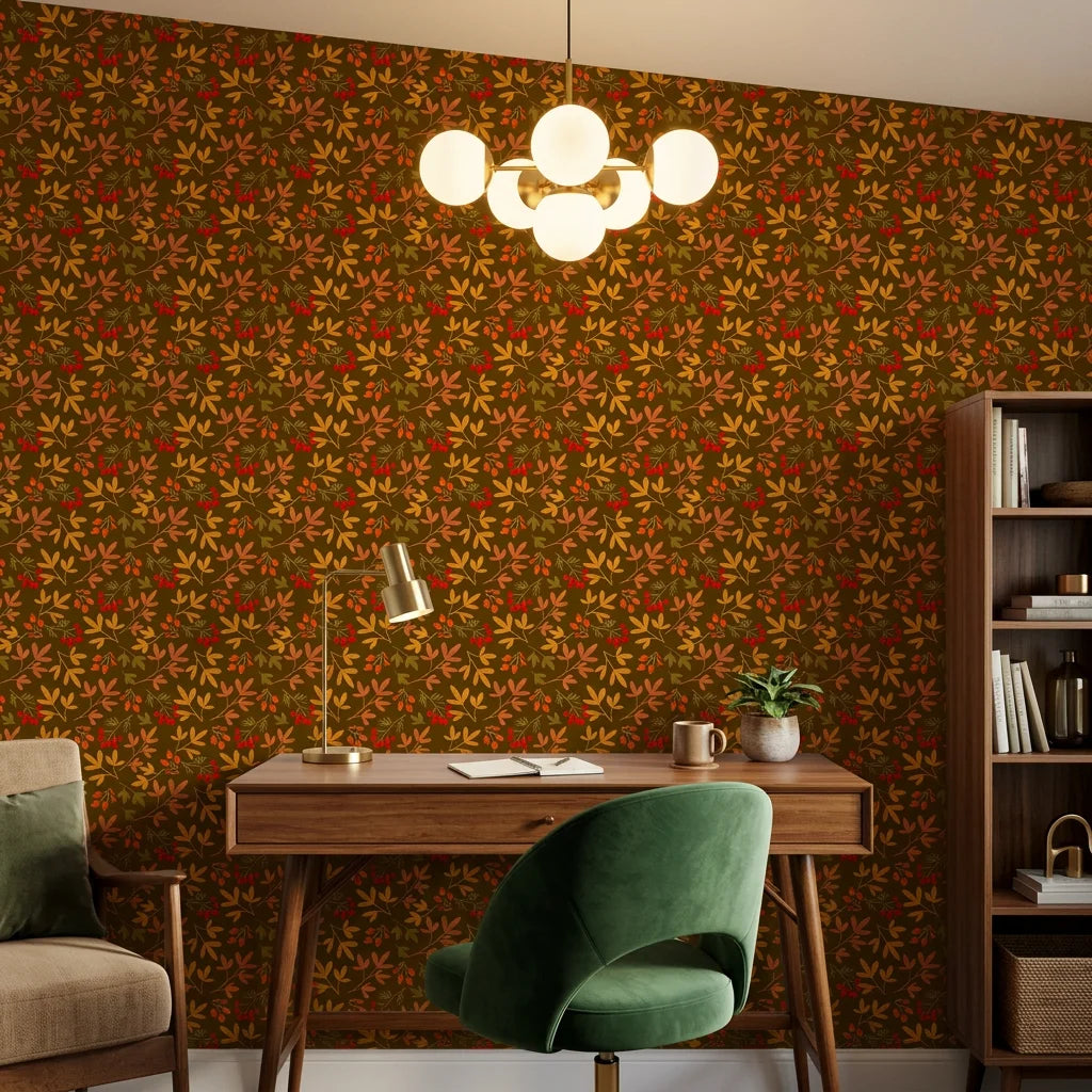 Rustic Joy winter berry wallpaper as a feature wall in a bright home office