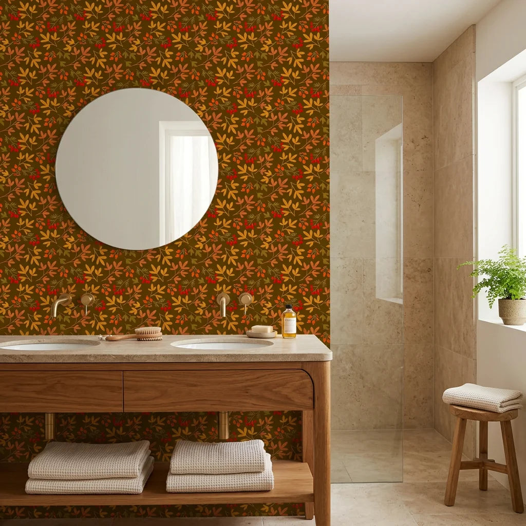 Rustic Joy winter berry wallpaper creating ambiance in a serene bathroom