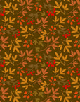 Rustic Joy wallpaper in deep brown, illustrated with autumnal orange leaves and scarlet berries.