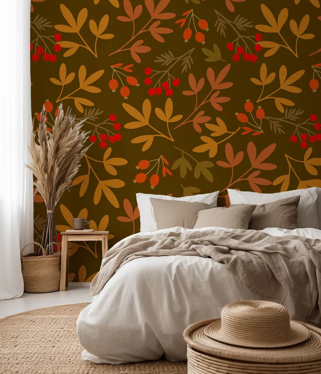 A botanical wall covering with orange leaves and scarlet berries, set against a deep brown background (Rustic Joy style)